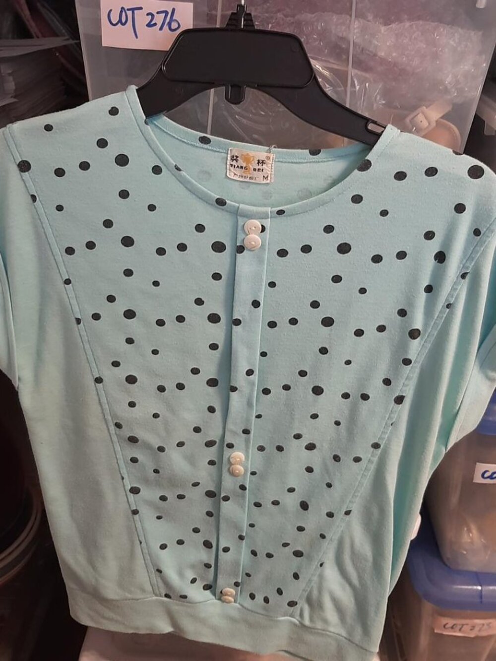 Vintage Short Sleeve Sweater Button Front All Over Blk Polka Dot Light Blue Sz M